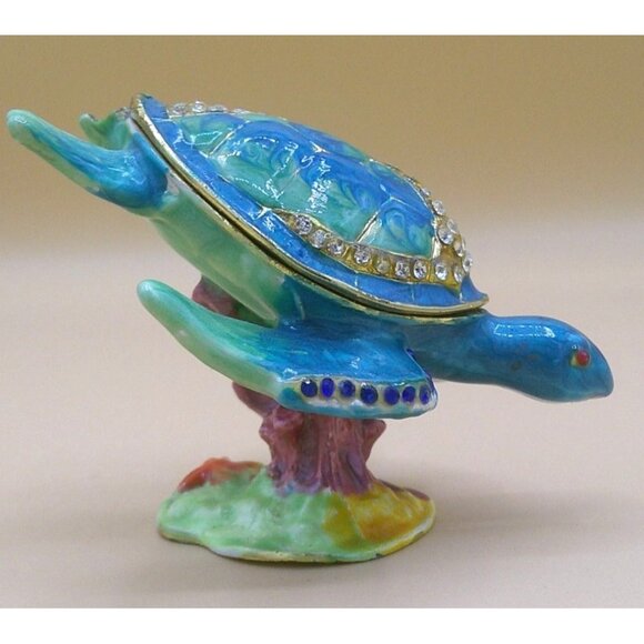 Hand-Painted Jeweled Turtle Figurine With Rhinestones & Colorful Base * AB20 - Picture 1 of 4